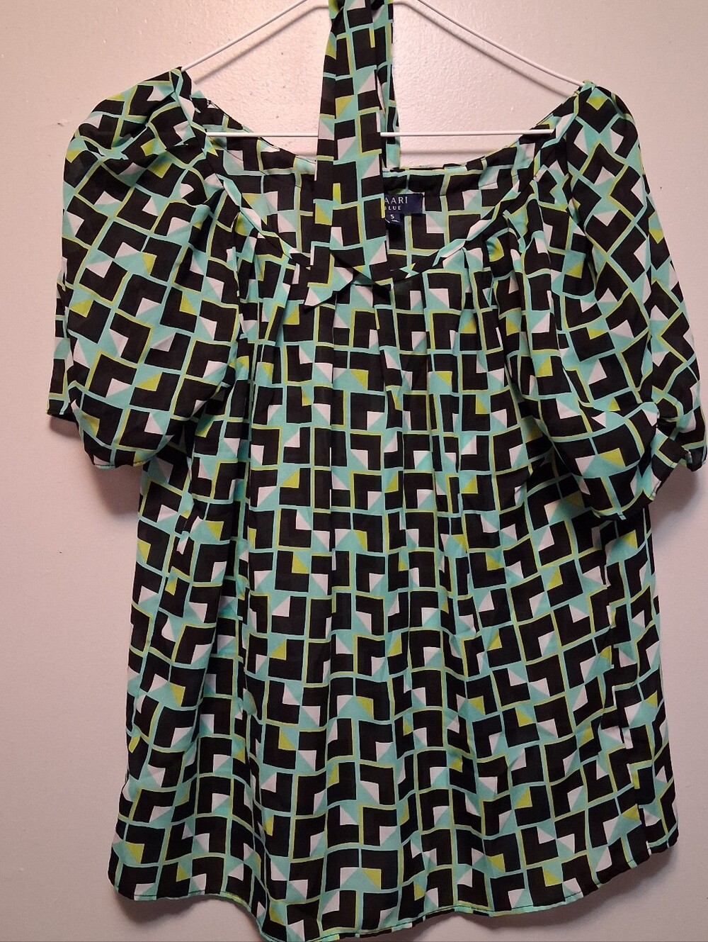 Kaari Blue Black, Mint & Lime Geometric Puff-Sleeve Blouse